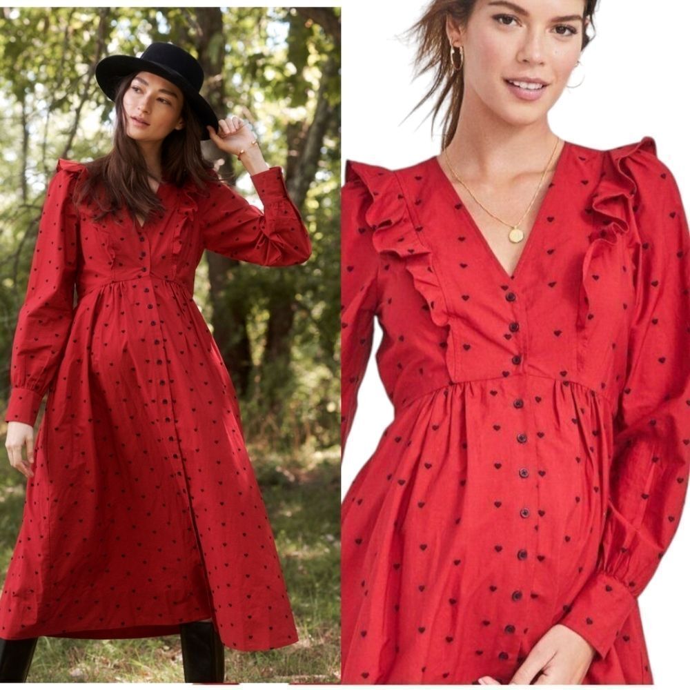 Hatch Red Embroidered Midi Button  Long Sleeve Cotton Dress Size S